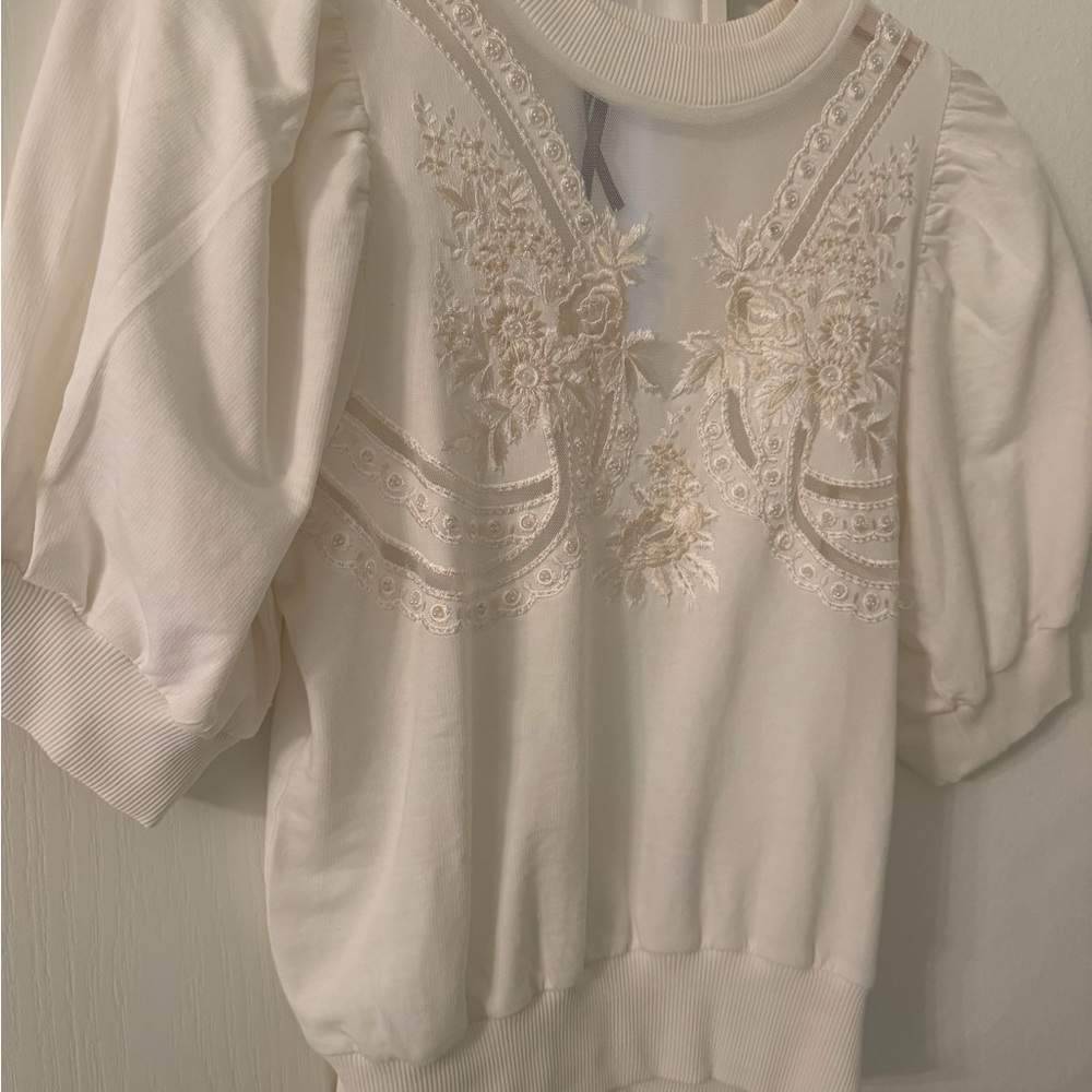 Anthropologie Cream Embroidered Puff Sleeve Blouse